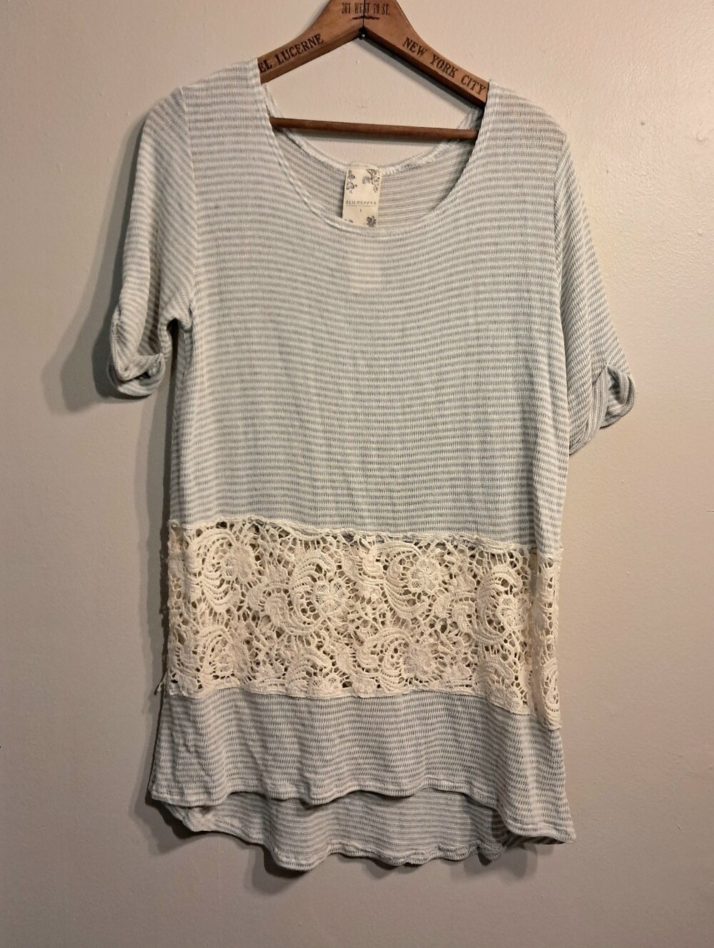 NWY Blu Pepper Light Gray & Cream Striped Lace-Trim Tunic